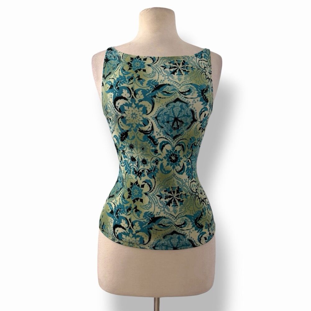 VTG Charlotte Russe Y2K Boho Medallion Boatneck Tank Top Green Blue Large